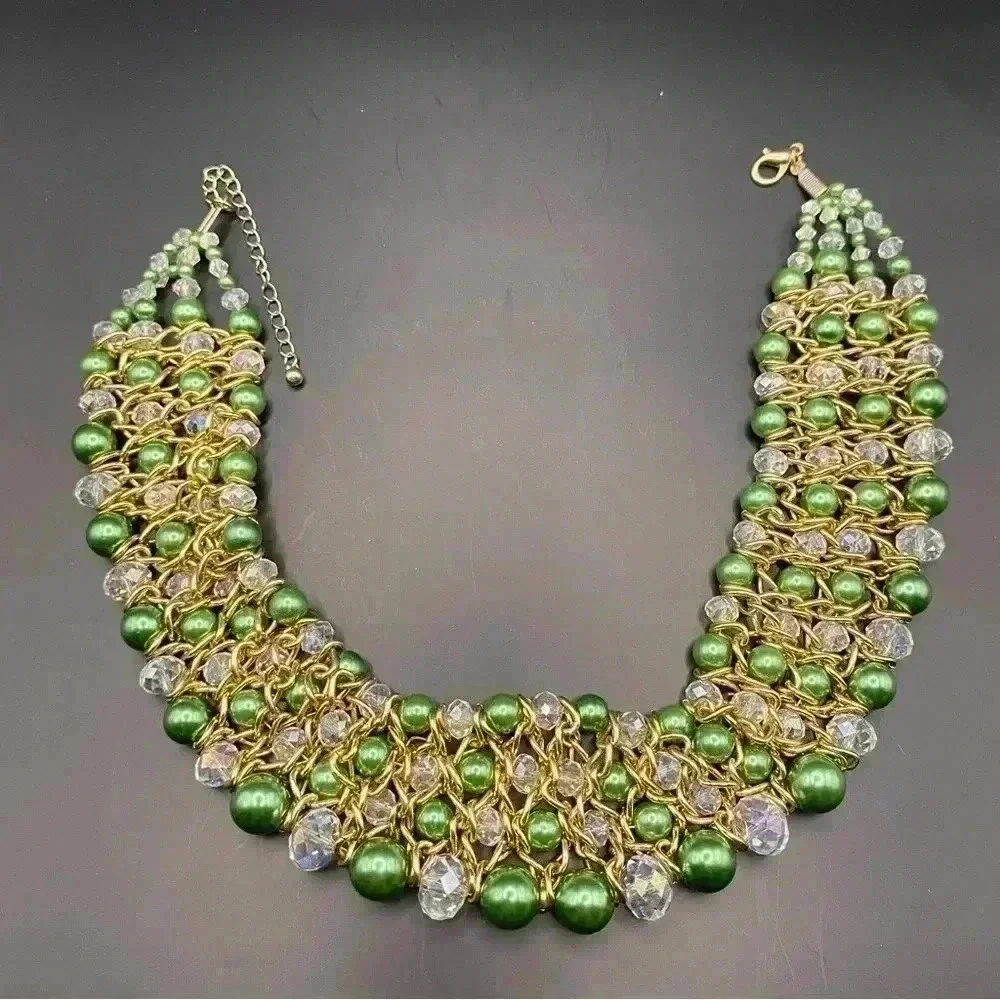 VGT Skyline Collection Gold-tone Emerald Green Crystal Beaded Necklace Bracelet